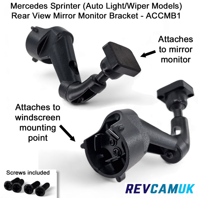 Image of our swan neck bracket to mount a rear view mirror monitor to the Mercedes Sprinter van - models with automatic lights wipers