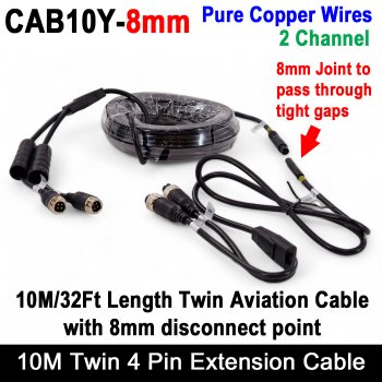 Twin 10M / 32FT 4 Pin Extension Cable for two reversing / rear view cameras with 8mm disconnect for tight cable runs | CAB10Y-8mm