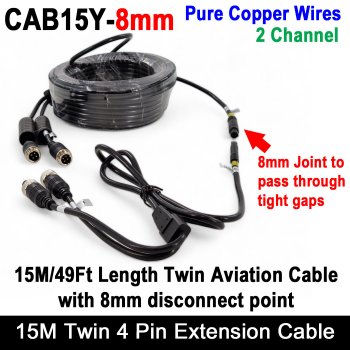 Twin 15M / 49ft 4 Pin Extension Cable for two reversing / rear view cameras with 8mm disconnect point for tight cable runs | CAB15Y-8mm