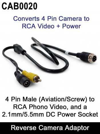 Adaptor Cable to Convert a 4 pin Reversing Camera Output to an RCA Phono Cable + 2.1mm/5.5mm DC Socket (Power) | CAB0020