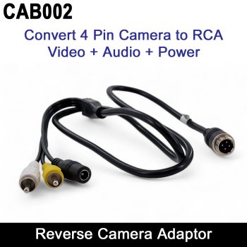 Adaptor Cable to Convert a 4 pin Reversing Camera Output to 2x RCA Phono Cable (Video+Audio) + 2.1mm/5.5mm DC Socket (Power) | CAB002