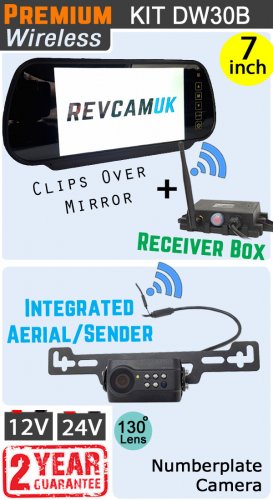 DW30B - Wireless kit with 7" mirror monitor + receiver box + numberplate camera with built-in aerial