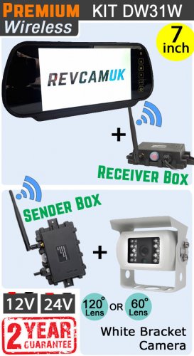 DW31W - Wireless kit with 7" mirror monitor + receiver box + white bracket camera + sender box