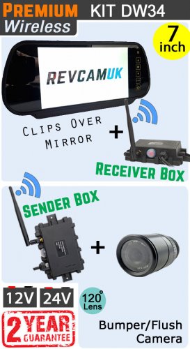 DW34 - Wireless kit with 7" mirror monitor + receiver box  + flush/bumper camera + sender box