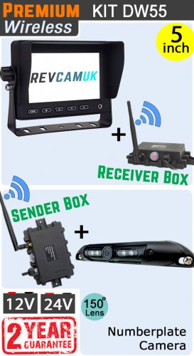 DW55 - Wireless kit with 5" dash monitor + receiver box  + numberplate camera + sender box