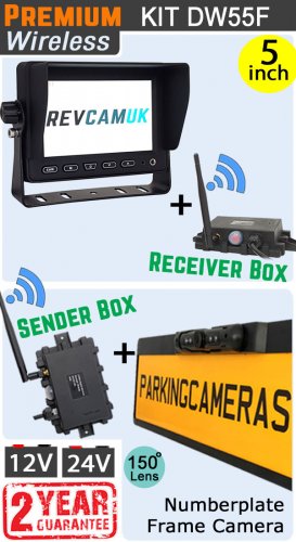 DW55F - Wireless kit with 5" dash monitor + receiver box + numberplate frame camera + sender box