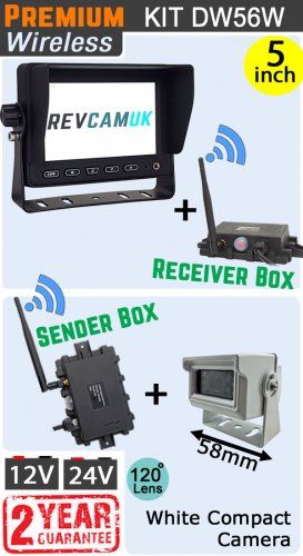 DW56W - Wireless kit with 5" dash monitor + receiver box + compact white bracket camera + sender box