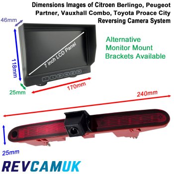 7" Monitor and Brake Light Reversing Camera Kit to fit Citroen Berlingo, Peugeot Partner, Vauxhall Combo and Toyota Proace City vans | PM69BLN