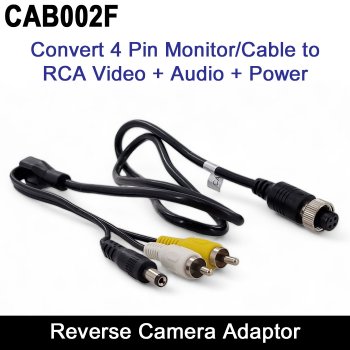 Female 4 Pin Screw Aviation to 2xRCA Phono (Video and Audio) + DC Plug - Reversing Camera Adaptor | CAB002F