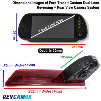 Ford Transit Custom (LED Version) 2016 to Present Twin Lens Brake Light Reversing + Rear view Camera Kit with 7" Mirror Monitor | PM39BLHTW