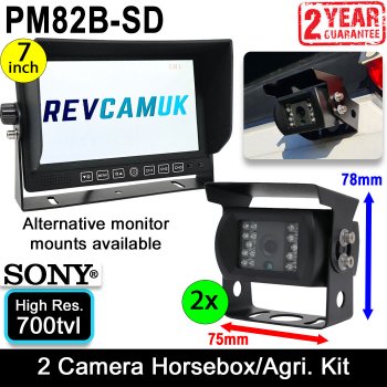 2x Black Sony CCD Bracket Horsebox / Agricultural Monitoring + Reversing Camera Kit with 7" Heavy Duty Monitor | PM82B-SD