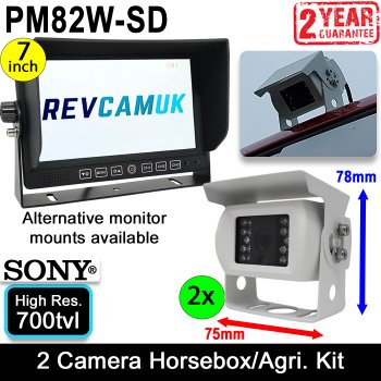 2x White Sony CCD Bracket Horsebox / Agricultural Monitoring + Reversing Camera Kit with 7" Heavy Duty Monitor | PM82W-SD