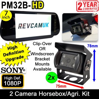 Two Black Sony 1080P AHD Bracket Reversing/Agricultural/Horsebox Camera Kit with Mirror Monitor | PM32B-HD