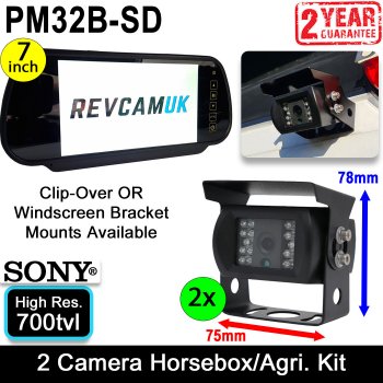 Two Black Sony CCD Bracket Reversing/Agricultural/Horsebox Camera Kit with Mirror Monitor Display | PM32B-SD