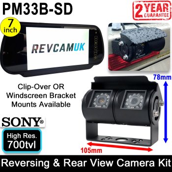 Black Bracket Sony CCD Dual Lens Reversing + Rear View Camera Kit with Mirror Monitor | PM33B-SD