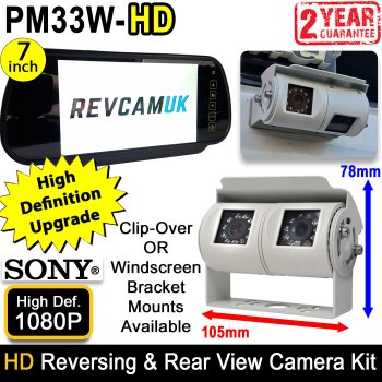 White Motorhome Sony High Definition Dual Lens Reversing + Rear View Camera Kit with Mirror Monitor | PM33W-HD