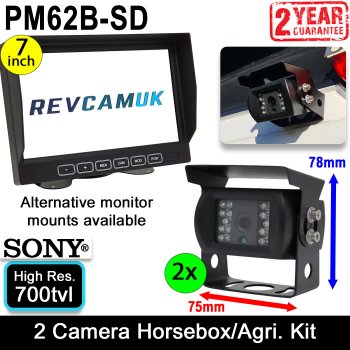 2x Sony CCD Black Bracket Agricultural & Horsebox Monitoring + Reversing Camera Kit with 7" Monitor | PM62B-SD