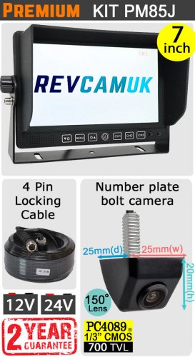 7" Heavy Duty Dash Monitor and Mini Bolt to Number Plate Reversing Camera Kit | PM85J