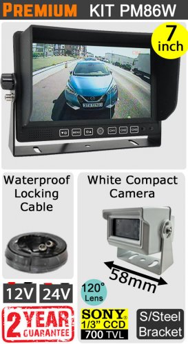 PM86W - Kit with 7" heavy-duty dash monitor + cable + Sony CCD compact white bracket reversing camera