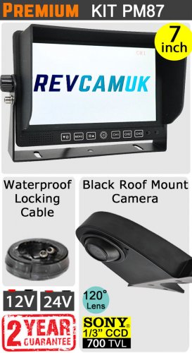 PM87 - Kit with 7" heavy-duty dash monitor + cable + Sony CCD black roof/sharkfin reversing camera