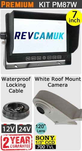 PM87W - Kit with 7" heavy-duty dash monitor + cable + Sony CCD white roof/sharkfin reversing camera