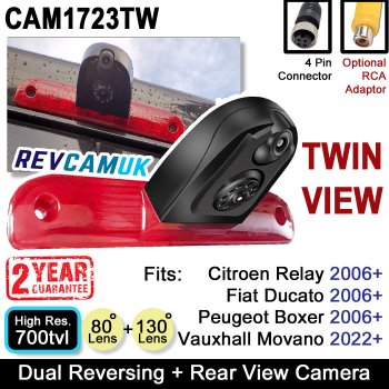 Dual Lens Fiat Ducato, Citroen Relay, Peugeot Boxer Reversing and Rear View Camera for Brake Light | CAM1723TW