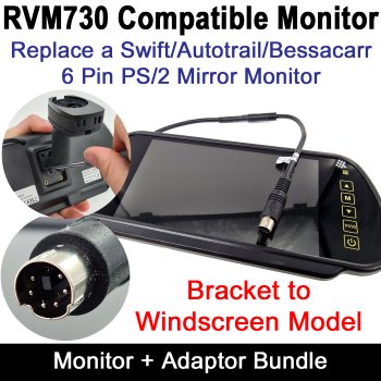 RVM730 Compatible Bundle - 7" Bracket Mirror Monitor with Adaptor I - Replacement screen compatible with some Swift / Autotrail / Bessacarr motorhomes