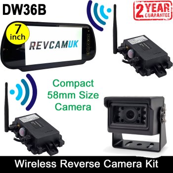 Compact Black Reverse Camera with Wireless TX/RX Boxes and 7" Mirror Monitor Display | DW36B