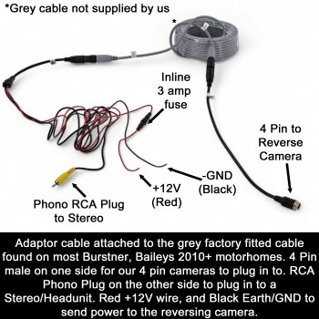 Burstner, Baileys, Dometic, Waeco Pre-fitted 6 Pin Motorhome Cable Adaptors 2010+ version for Single Reverse Camera RCA output to Stereo Head Unit | CAB00W-RCA